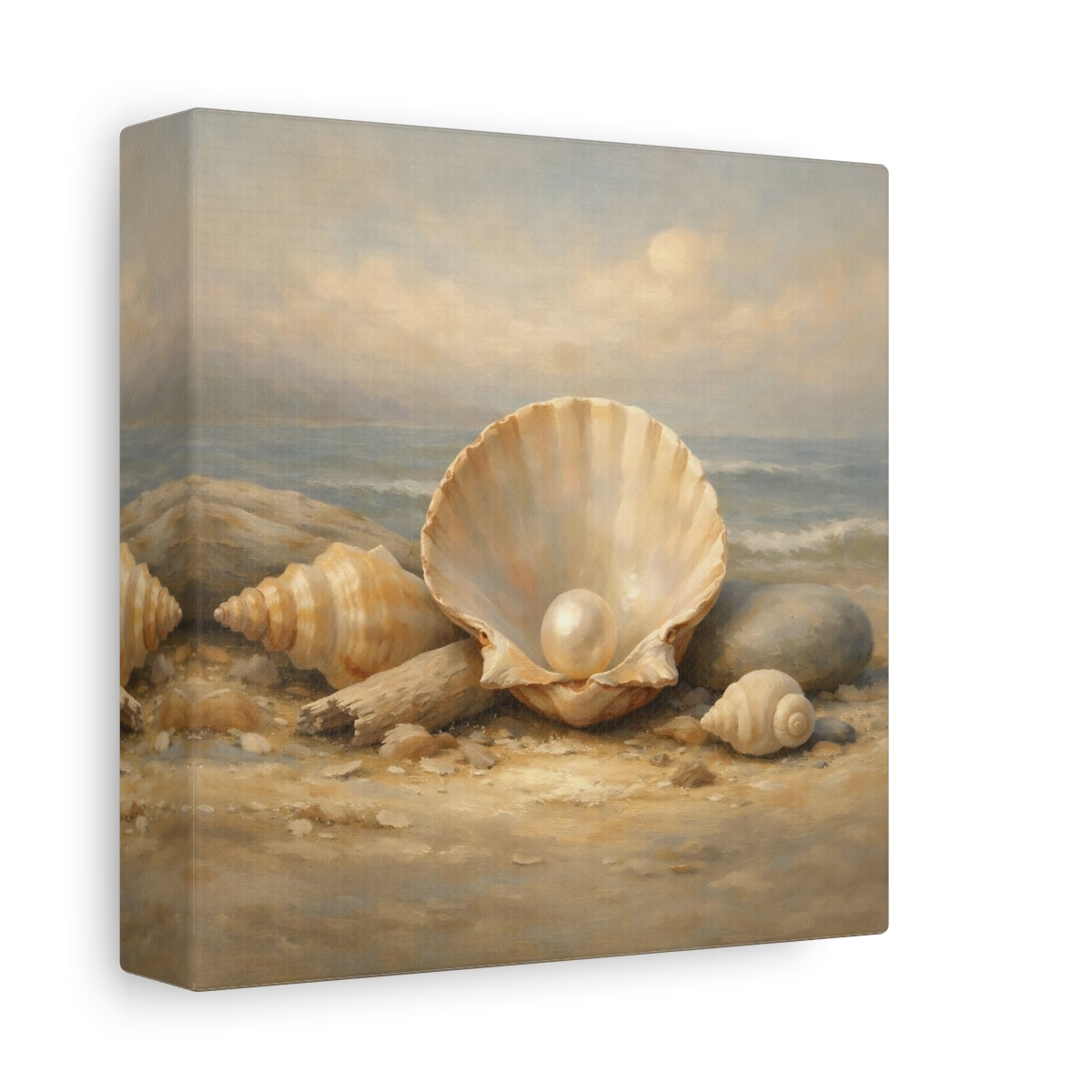 Side Mockup 1. Nature Pearl In Shell Seashell Beach shown as stretched canvas wall art