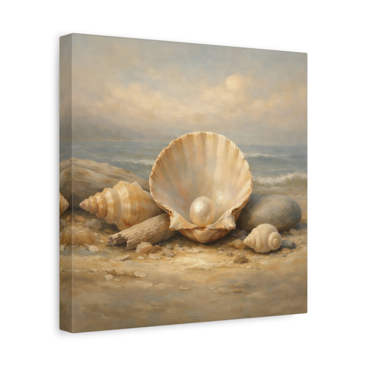 Side Mockup 8. Nature Pearl In Shell Seashell Beach shown as stretched canvas wall art