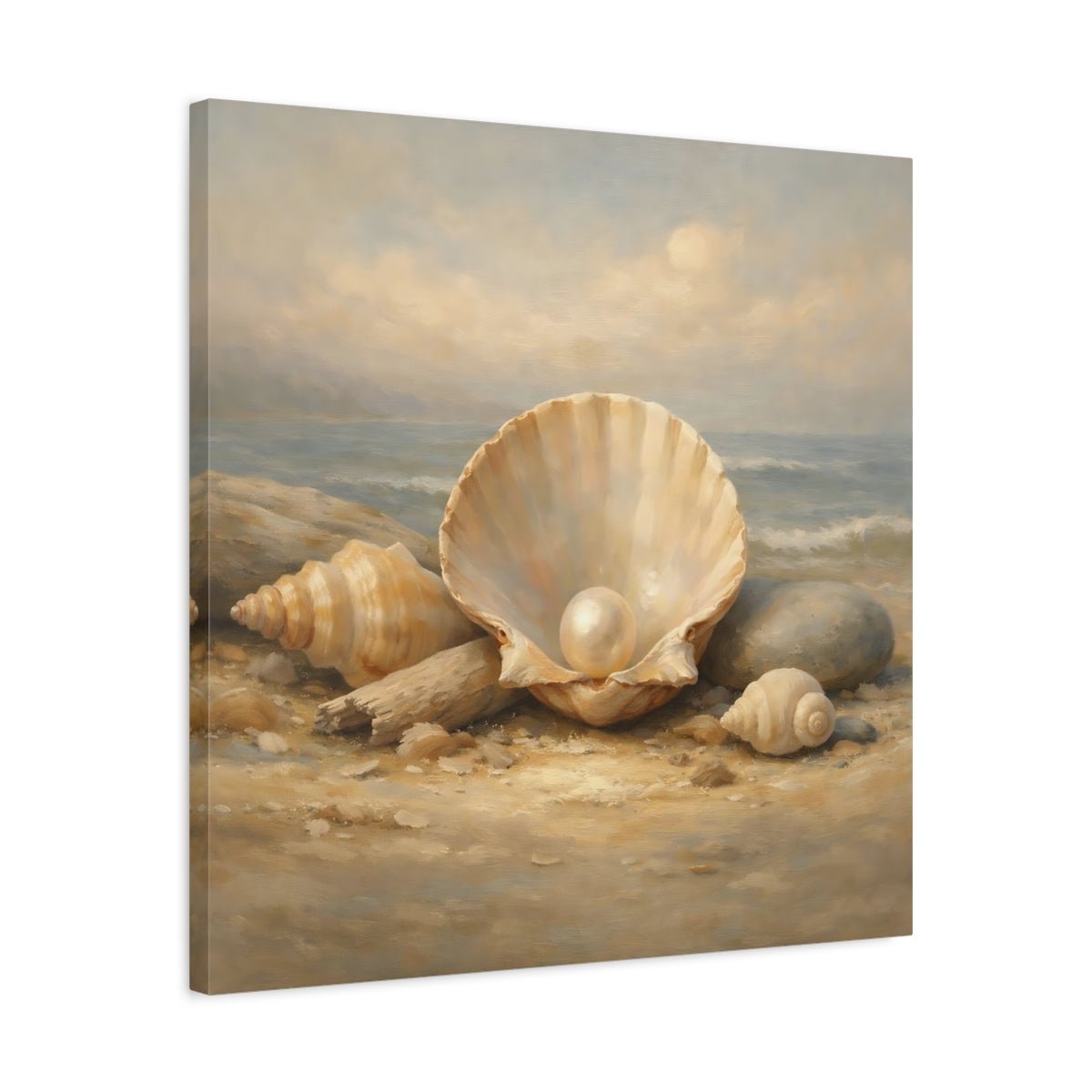 Side Mockup 4. Nature Pearl In Shell Seashell Beach shown as stretched canvas wall art