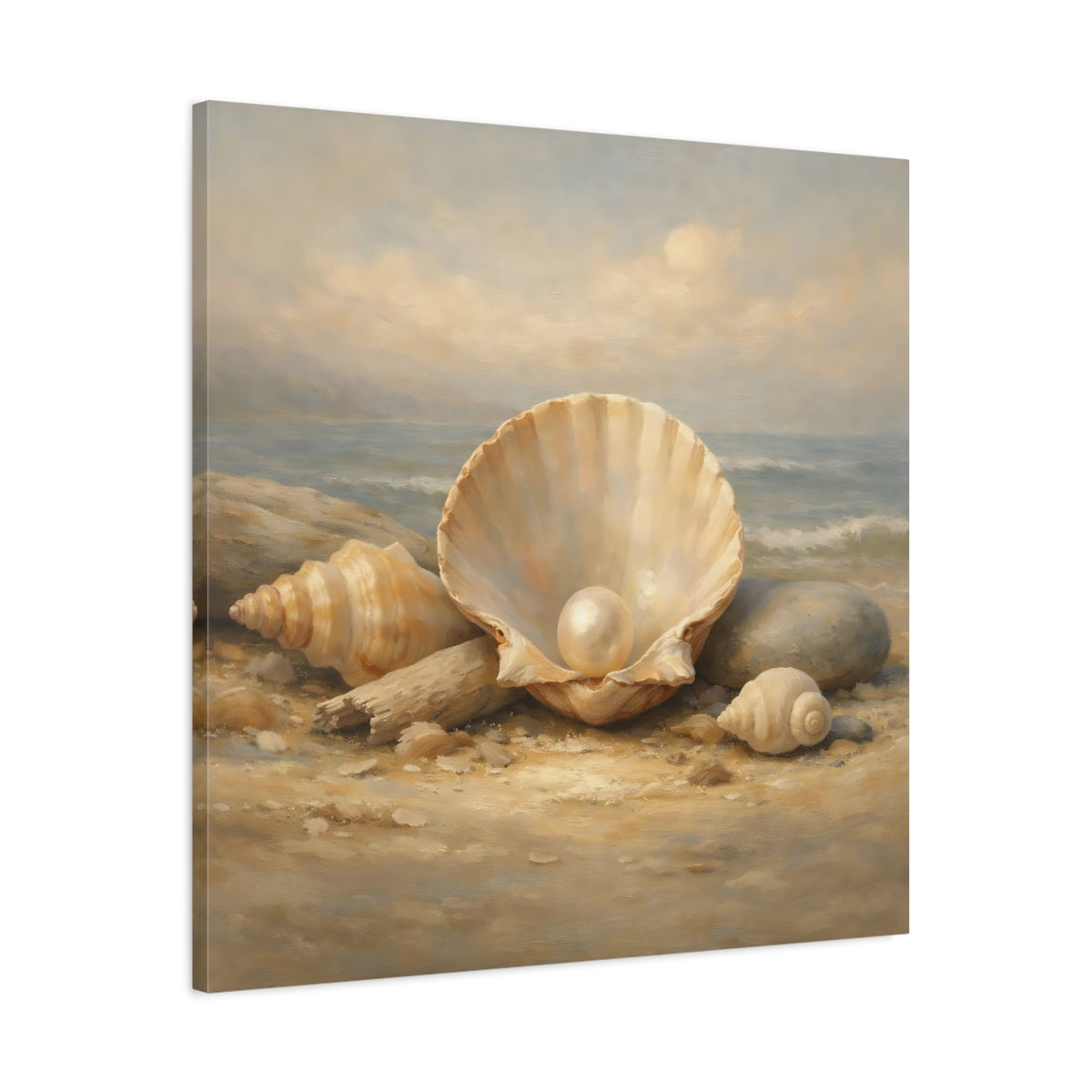 Side Mockup 3. Nature Pearl In Shell Seashell Beach shown as stretched canvas wall art