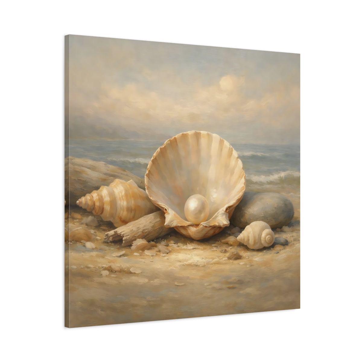 Side Mockup 2. Nature Pearl In Shell Seashell Beach shown as stretched canvas wall art