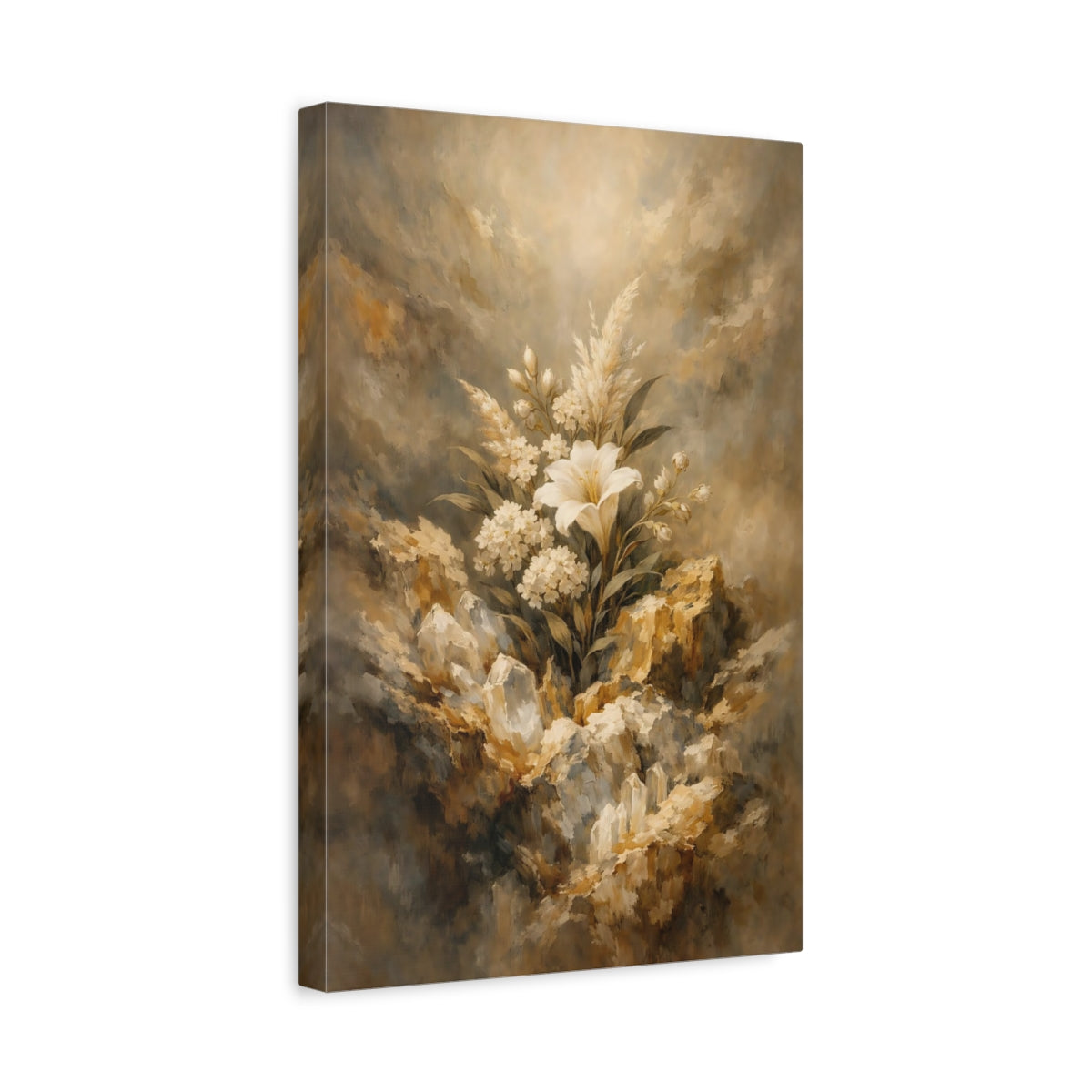 Side Mockup 4. Floral White Lily White And Gold shown as stretched canvas wall art