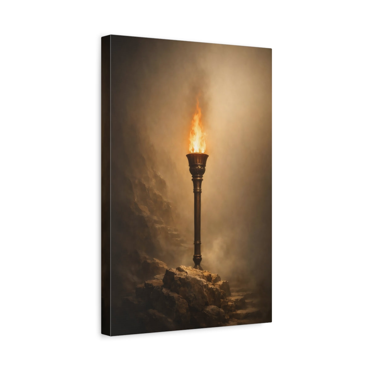 Side Mockup 4. Fairytale Burning Torch Brown And Orange shown as stretched canvas wall art