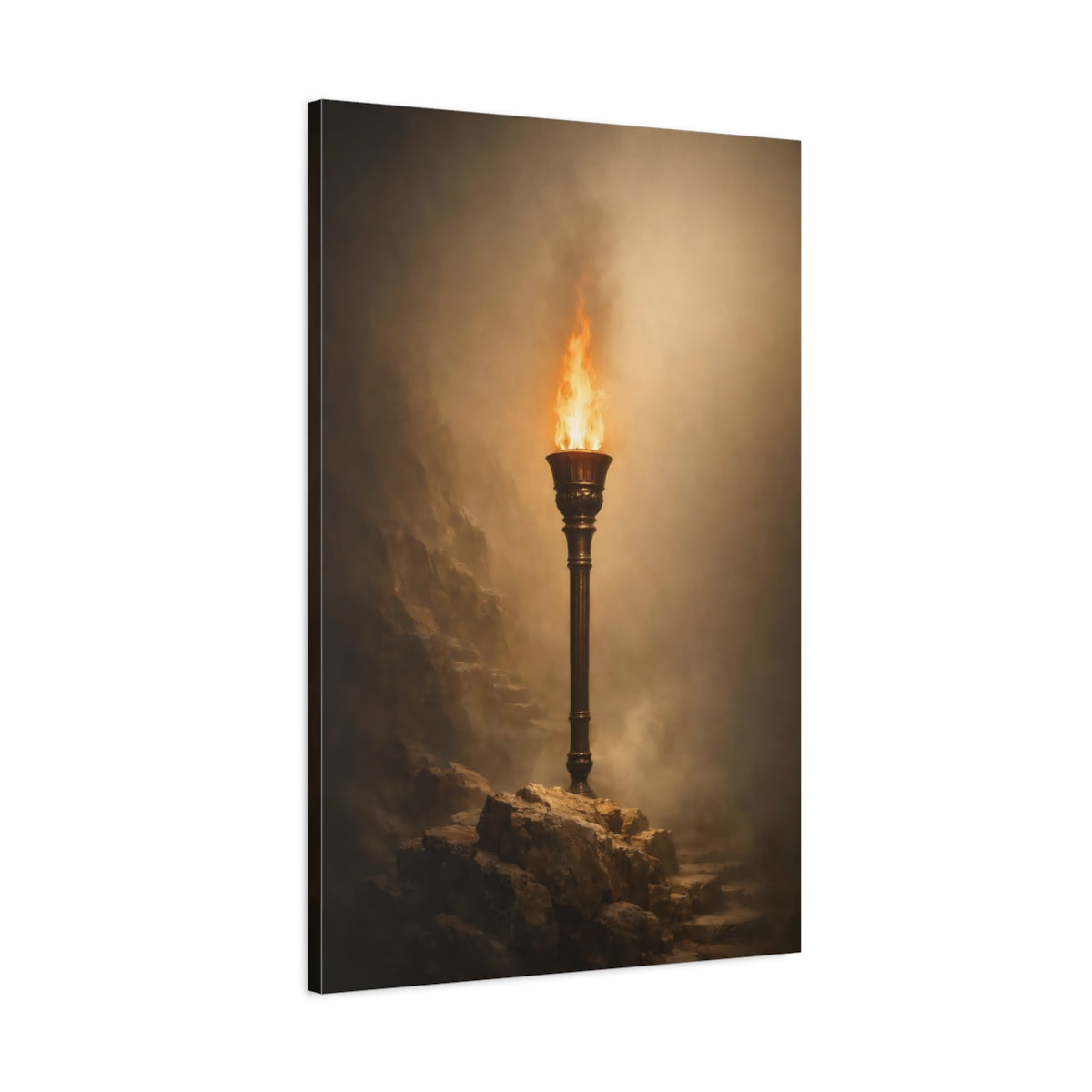 Side Mockup 1. Fairytale Burning Torch Brown And Orange shown as stretched canvas wall art
