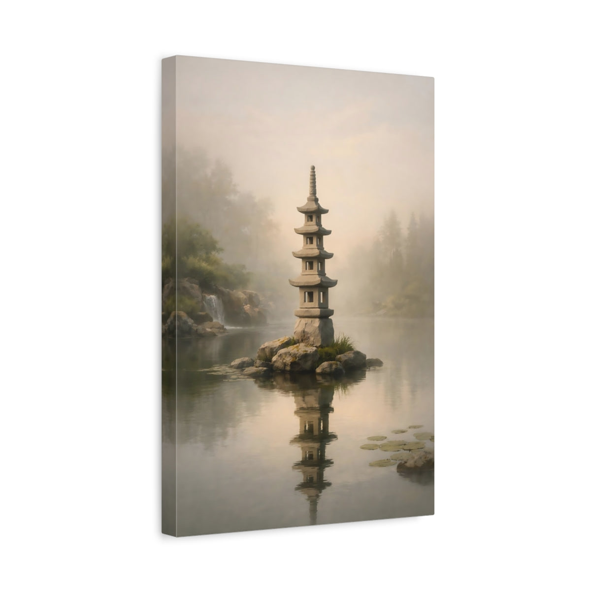 Side Mockup 4. Nature Stone Pagoda Misty Pagoda shown as stretched canvas wall art