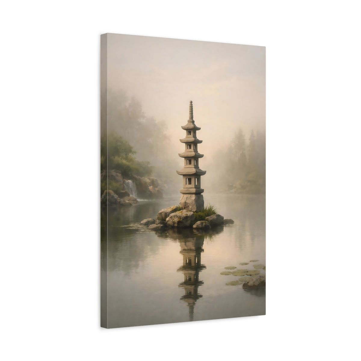 Side Mockup 3. Nature Stone Pagoda Misty Pagoda shown as stretched canvas wall art