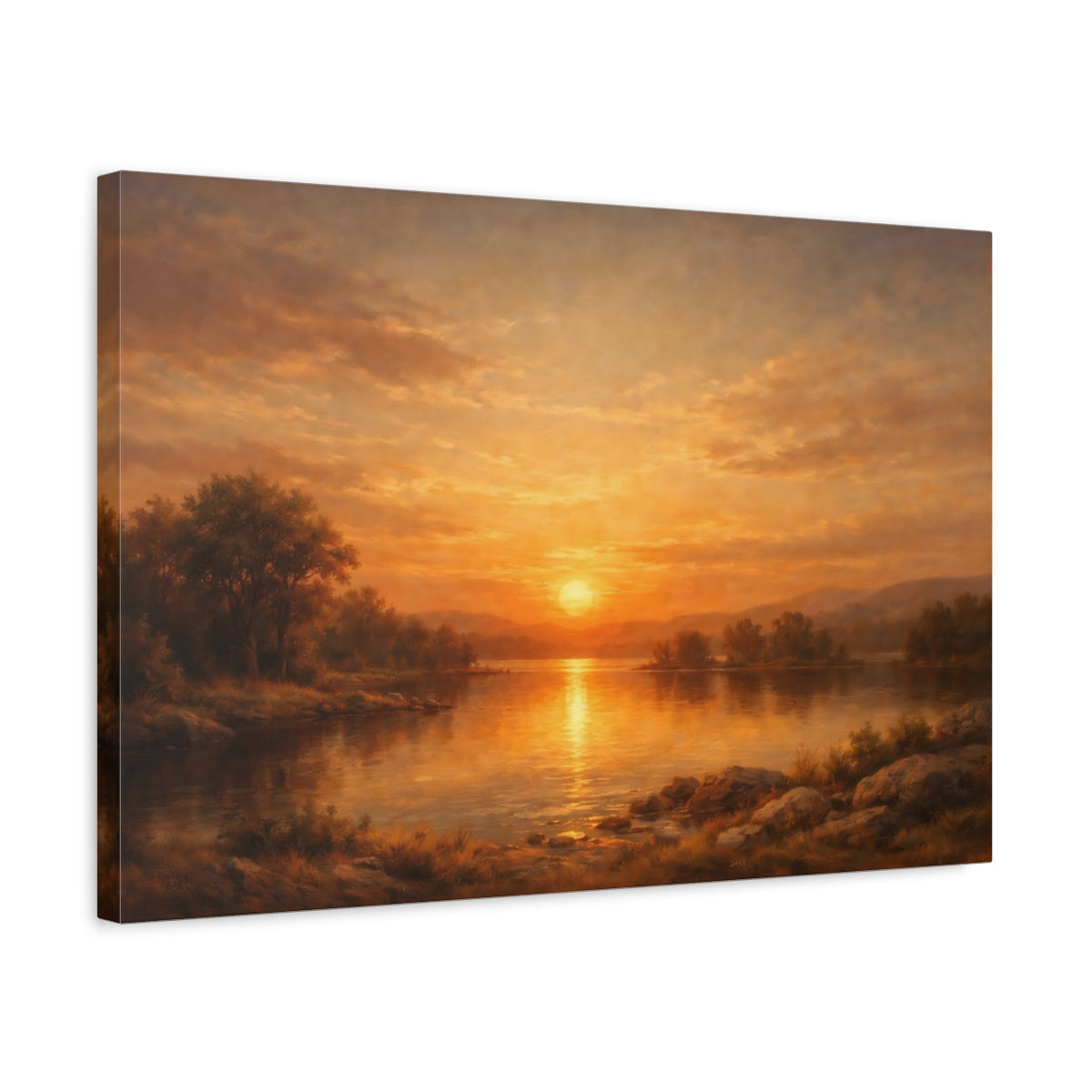 Side Mockup 3. Nature Lake Sunset Orange Sunset Lake shown as stretched canvas wall art