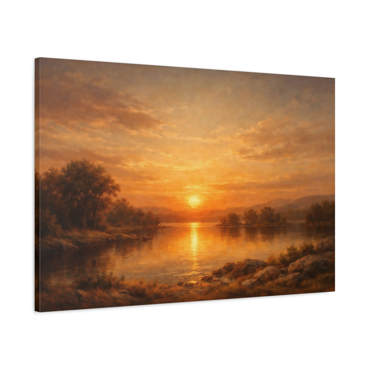 Side Mockup 1. Nature Lake Sunset Orange Sunset Lake shown as stretched canvas wall art