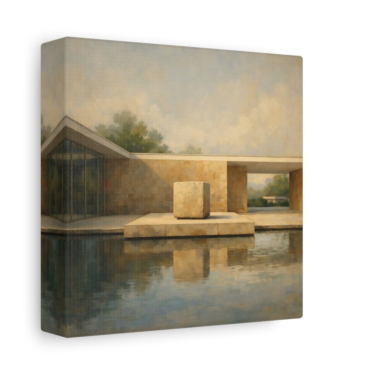 Side Mockup 1. Abstract Modern Architecture Beige And Blue Architecture shown as stretched canvas wall art