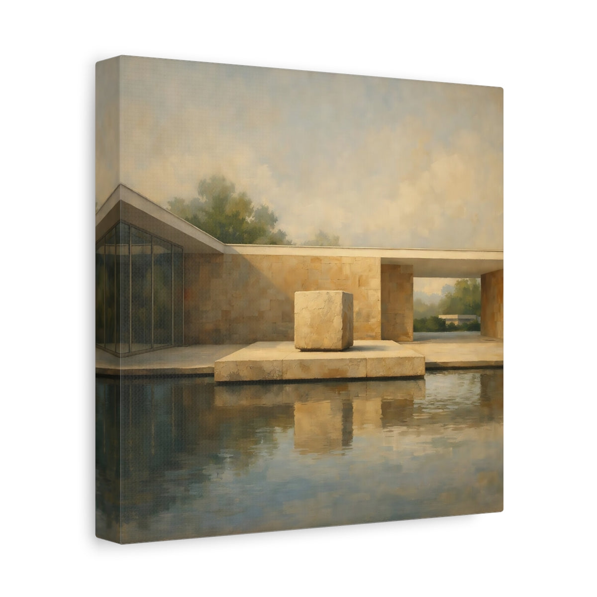 Side Mockup 9. Abstract Modern Architecture Beige And Blue Architecture shown as stretched canvas wall art