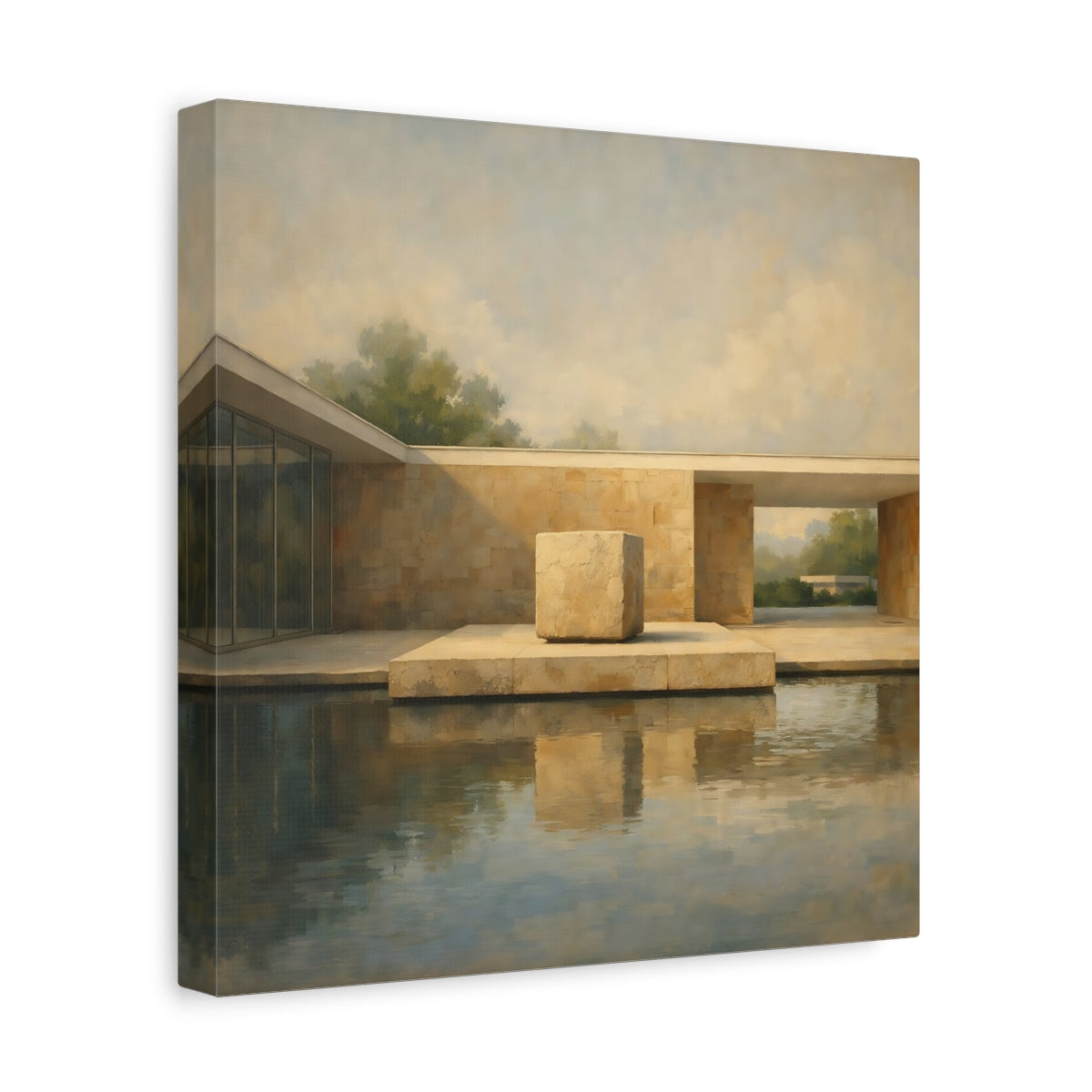 Side Mockup 8. Abstract Modern Architecture Beige And Blue Architecture shown as stretched canvas wall art
