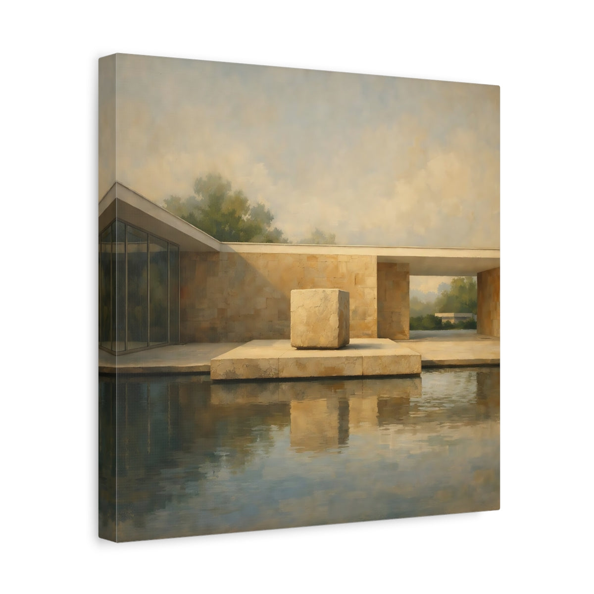 Side Mockup 7. Abstract Modern Architecture Beige And Blue Architecture shown as stretched canvas wall art