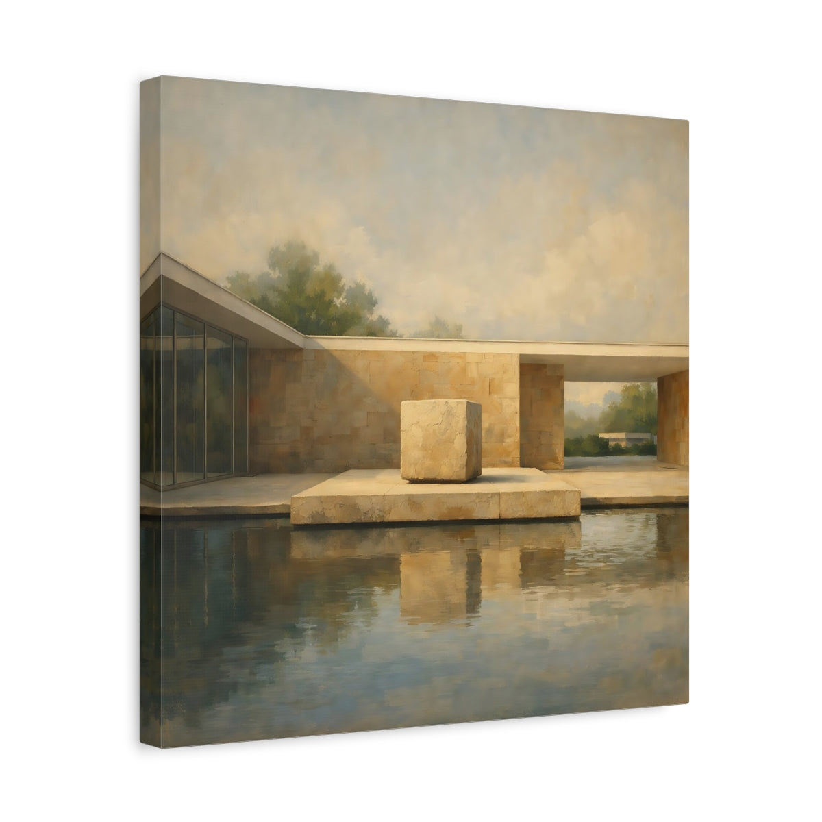 Side Mockup 6. Abstract Modern Architecture Beige And Blue Architecture shown as stretched canvas wall art