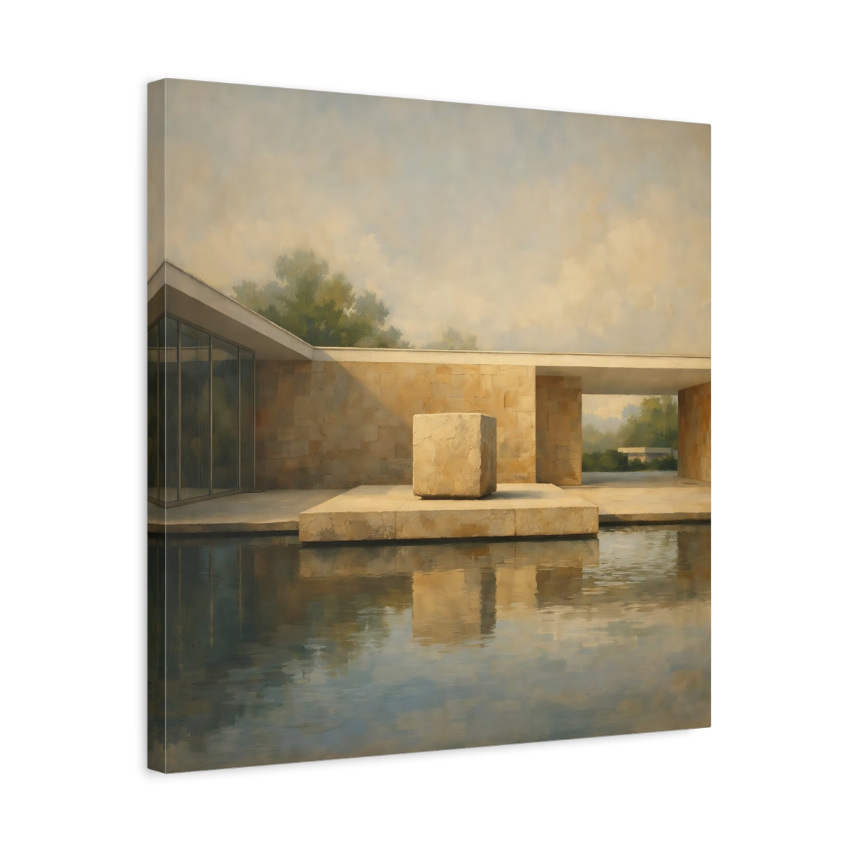 Side Mockup 5. Abstract Modern Architecture Beige And Blue Architecture shown as stretched canvas wall art