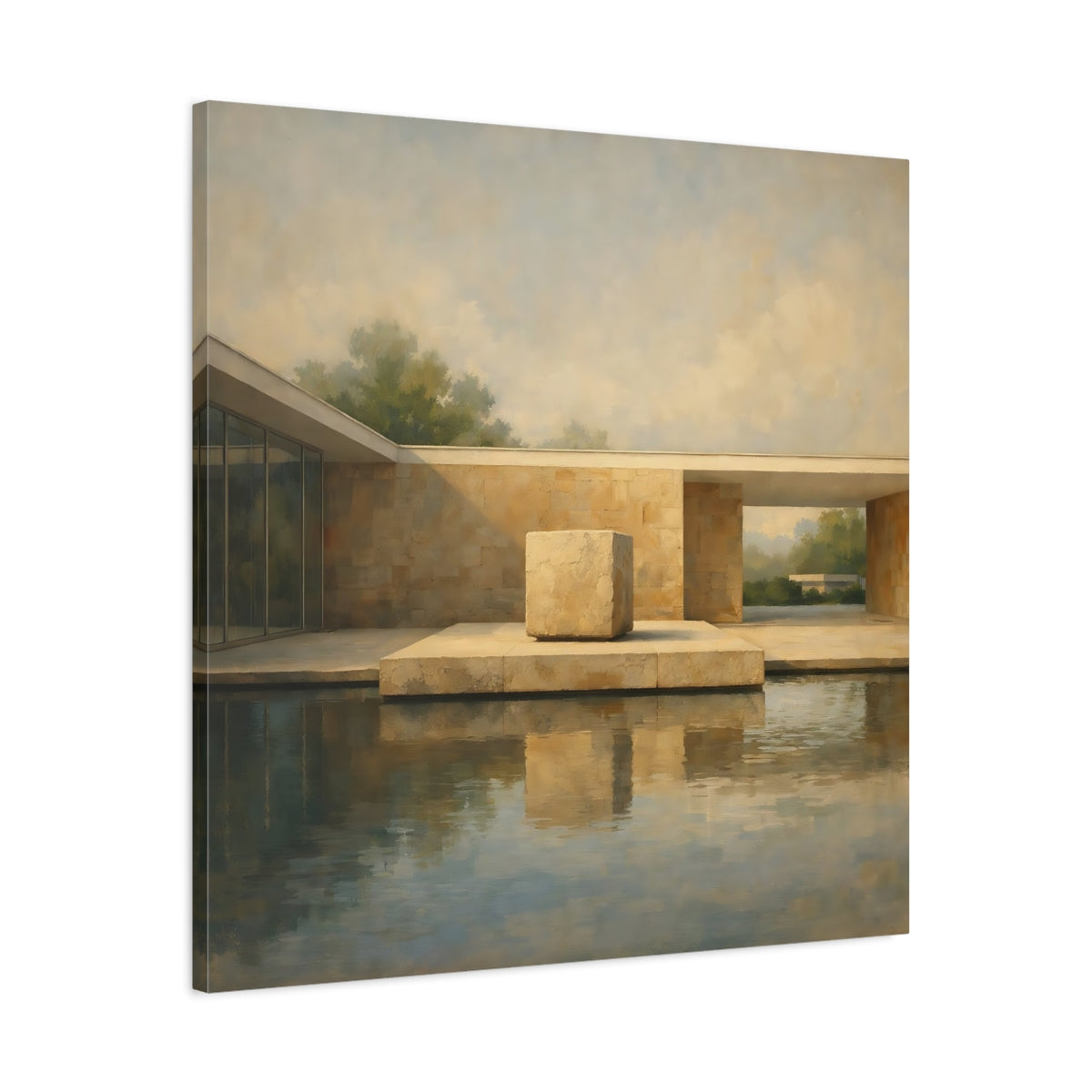 Side Mockup 3. Abstract Modern Architecture Beige And Blue Architecture shown as stretched canvas wall art