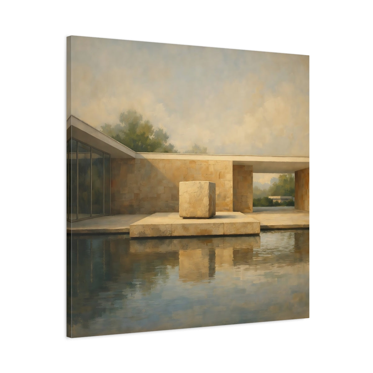 Side Mockup 2. Abstract Modern Architecture Beige And Blue Architecture shown as stretched canvas wall art