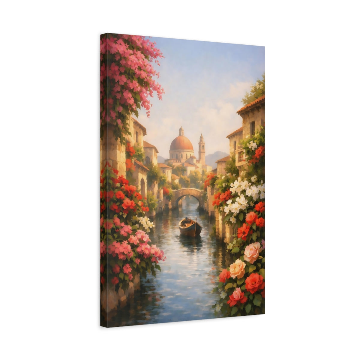 Side Mockup 3. Floral Canal Boat Pink And Blue Canal shown as stretched canvas wall art