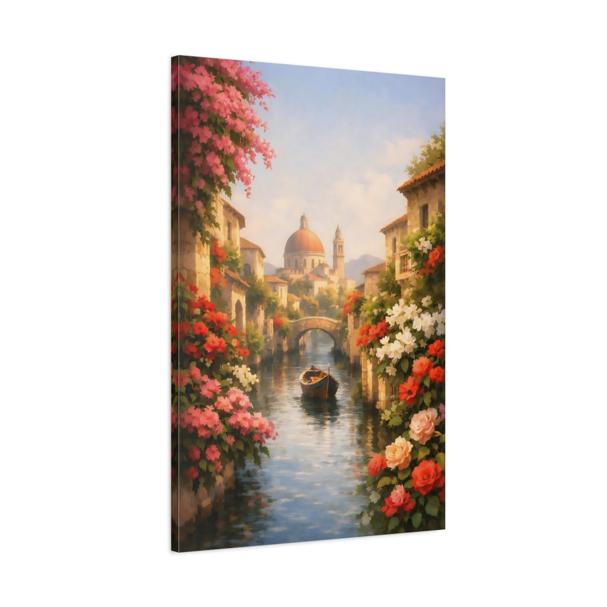Side Mockup 1. Floral Canal Boat Pink And Blue Canal shown as stretched canvas wall art