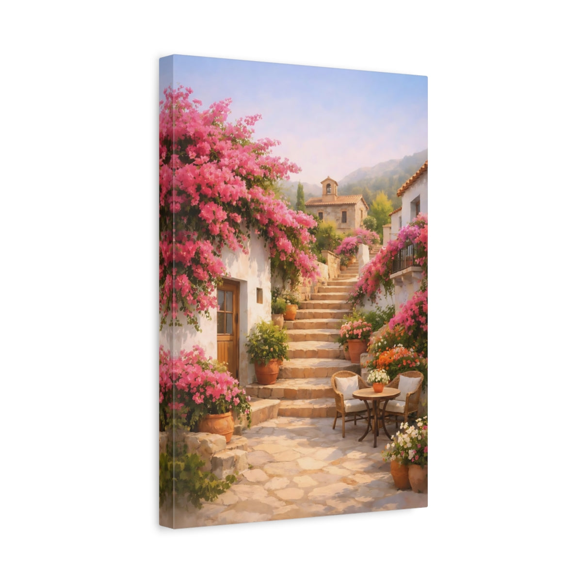 Side Mockup 4. Floral Flowering Village Pink Mediterranean Village shown as stretched canvas wall art