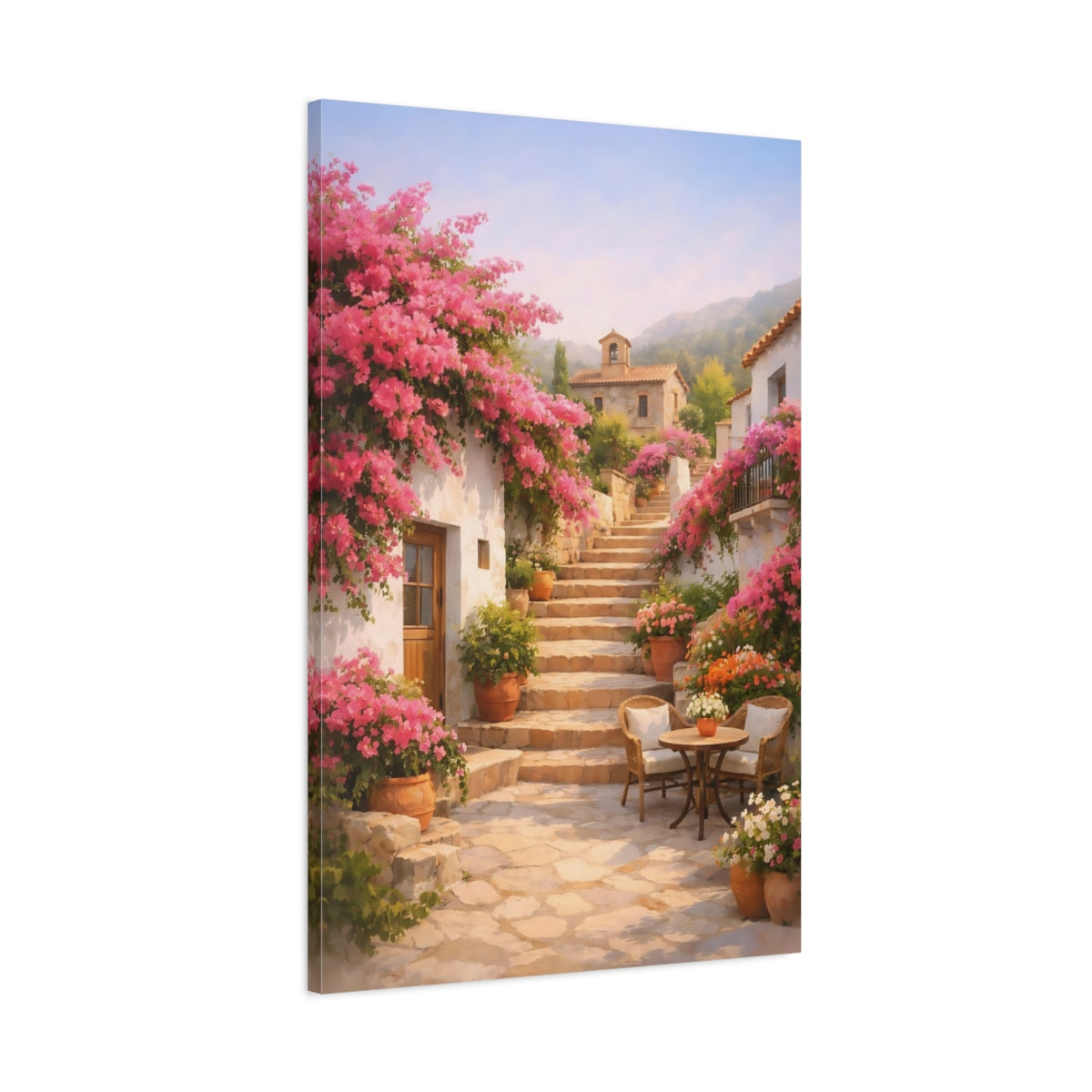 Side Mockup 1. Floral Flowering Village Pink Mediterranean Village shown as stretched canvas wall art