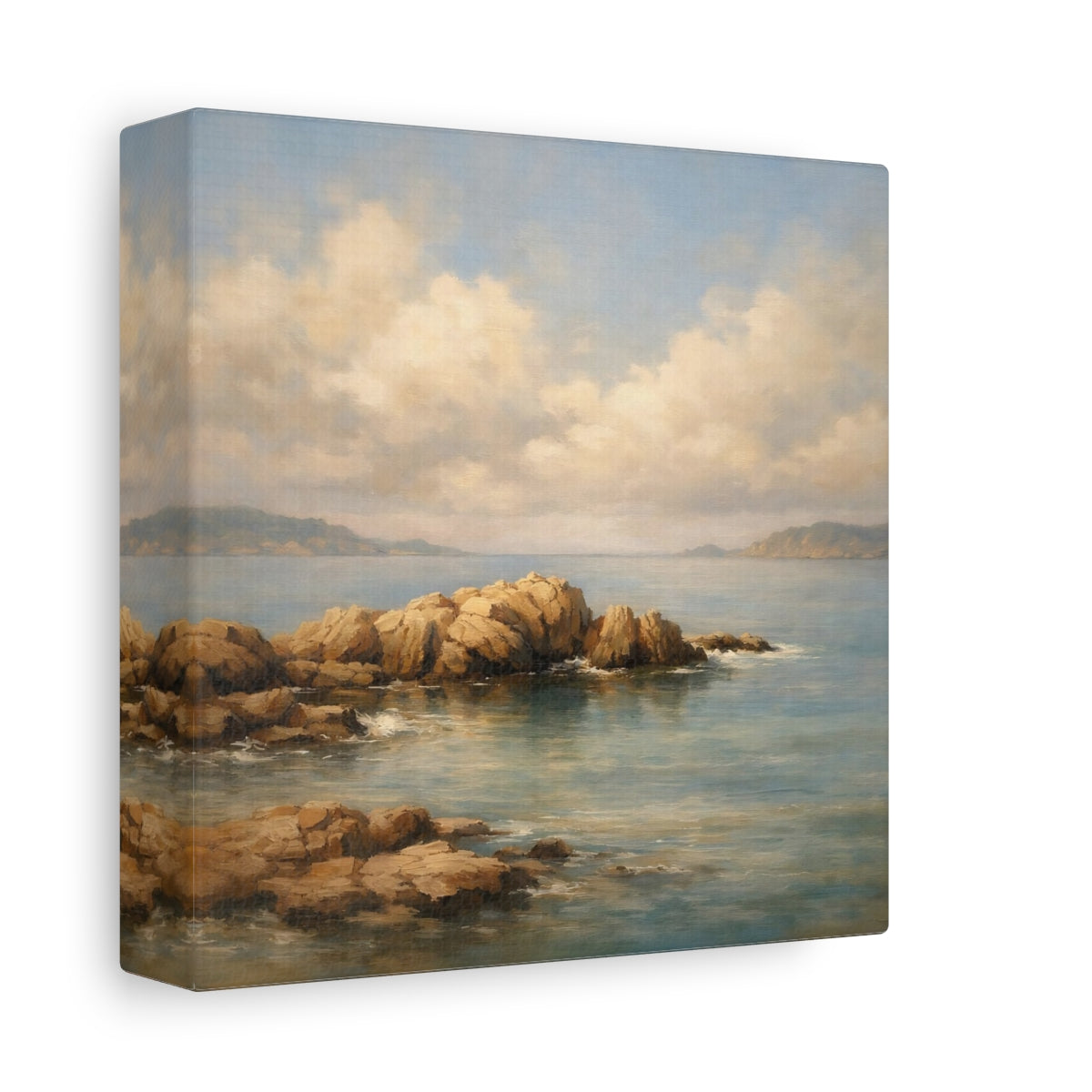 Side Mockup 1. Nature Coastal Rocks Coastal Landscape shown as stretched canvas wall art