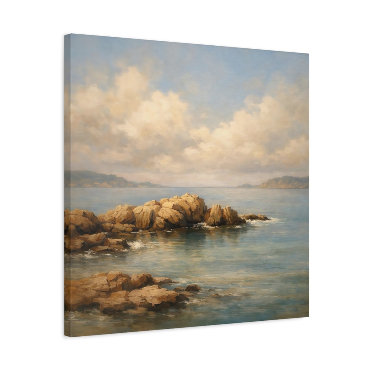 Side Mockup 3. Nature Coastal Rocks Coastal Landscape shown as stretched canvas wall art