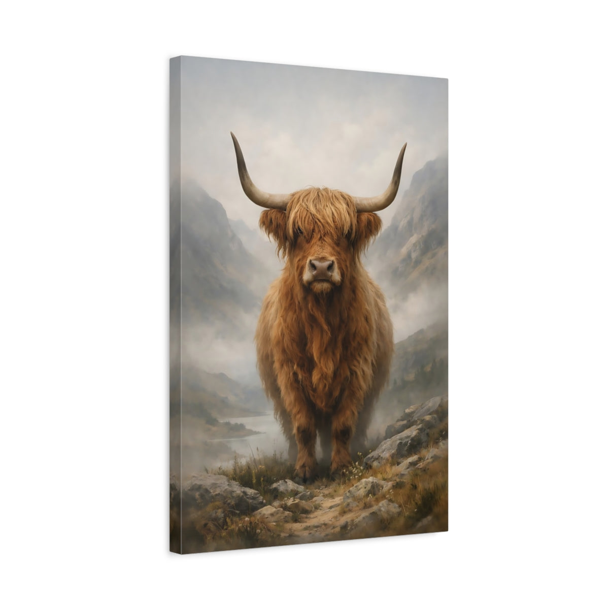 Side Mockup 3. Animals Highland Cow Highland Cow Brown shown as stretched canvas wall art
