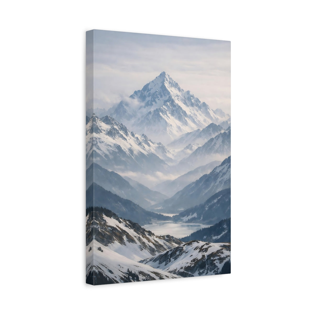 Side Mockup 4. Nature Snowy Mountains Winter Mountain Scene shown as stretched canvas wall art