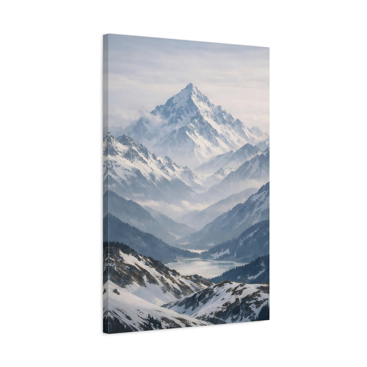 Side Mockup 2. Nature Snowy Mountains Winter Mountain Scene shown as stretched canvas wall art