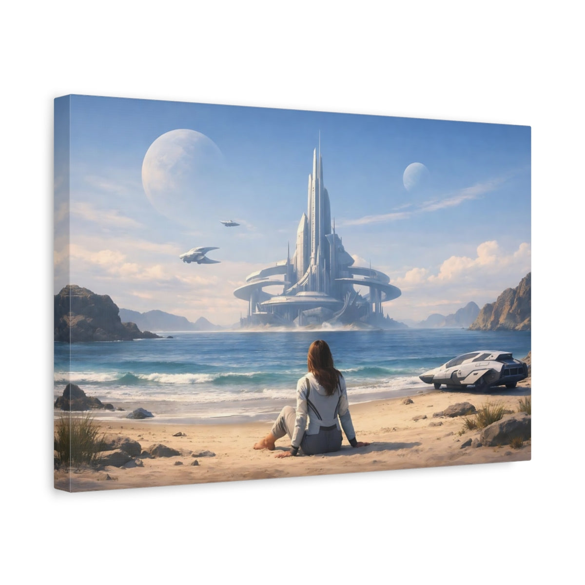 Science Fiction Ocean Beach Futuristic City - Canvas Wall Art Print