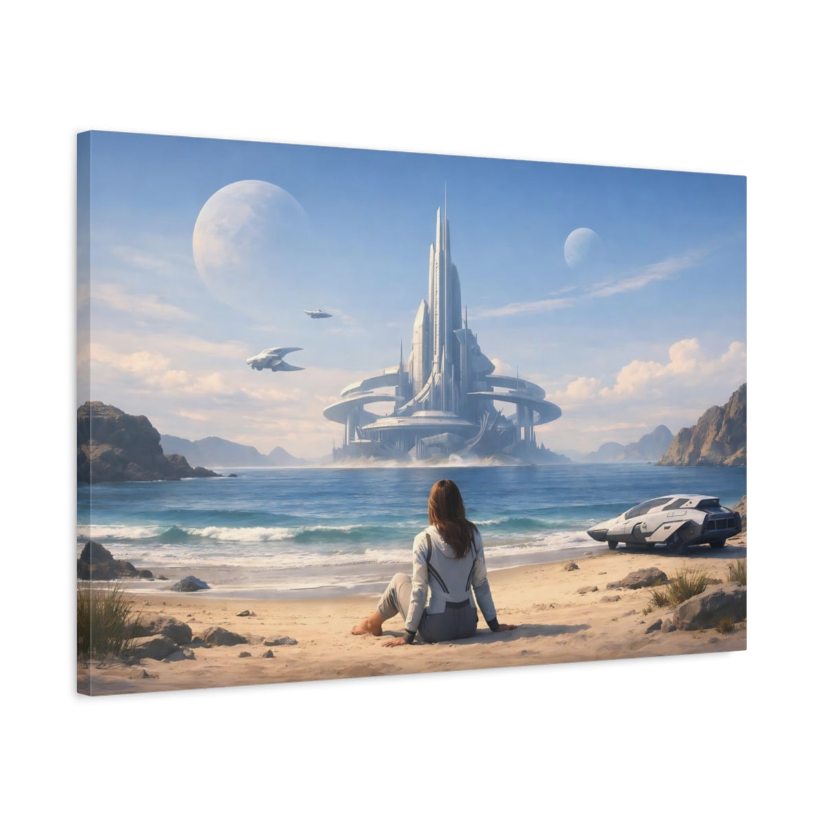 Science Fiction Ocean Beach Futuristic City - Canvas Wall Art Print