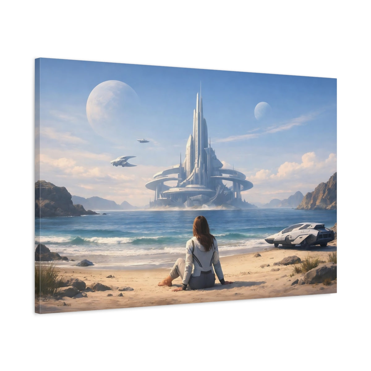 Science Fiction Ocean Beach Futuristic City - Canvas Wall Art Print