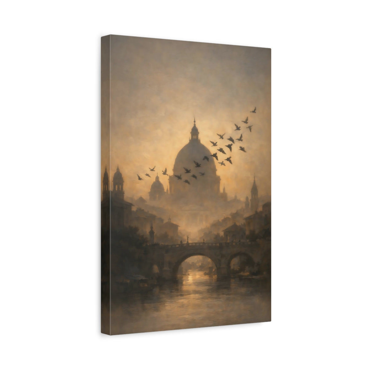 Side Mockup 4. Vintage Cityscape Golden Cityscape shown as stretched canvas wall art