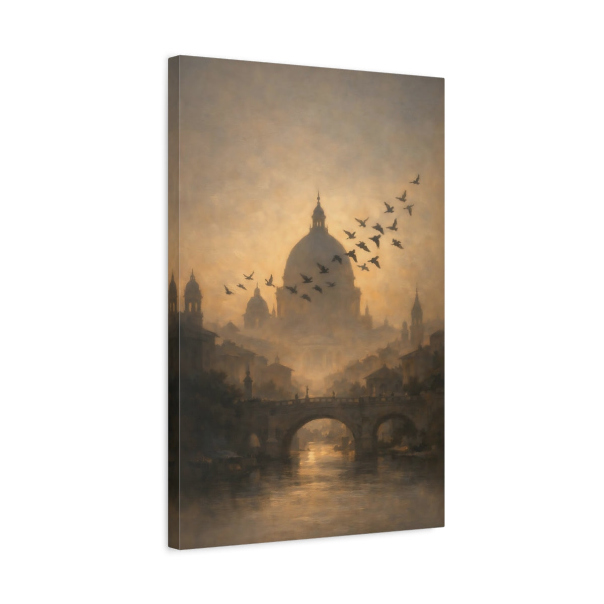 Side Mockup 3. Vintage Cityscape Golden Cityscape shown as stretched canvas wall art