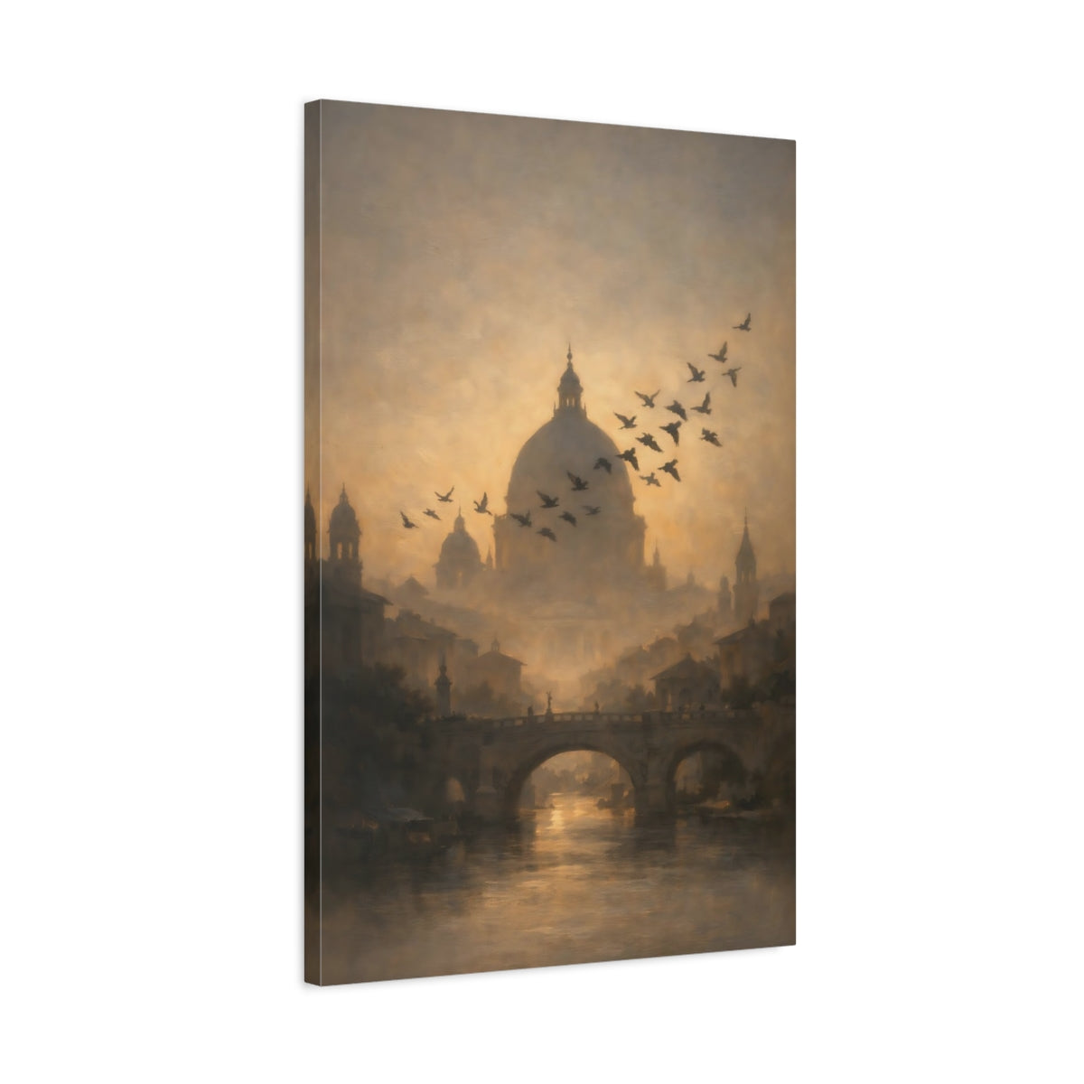 Side Mockup 2. Vintage Cityscape Golden Cityscape shown as stretched canvas wall art