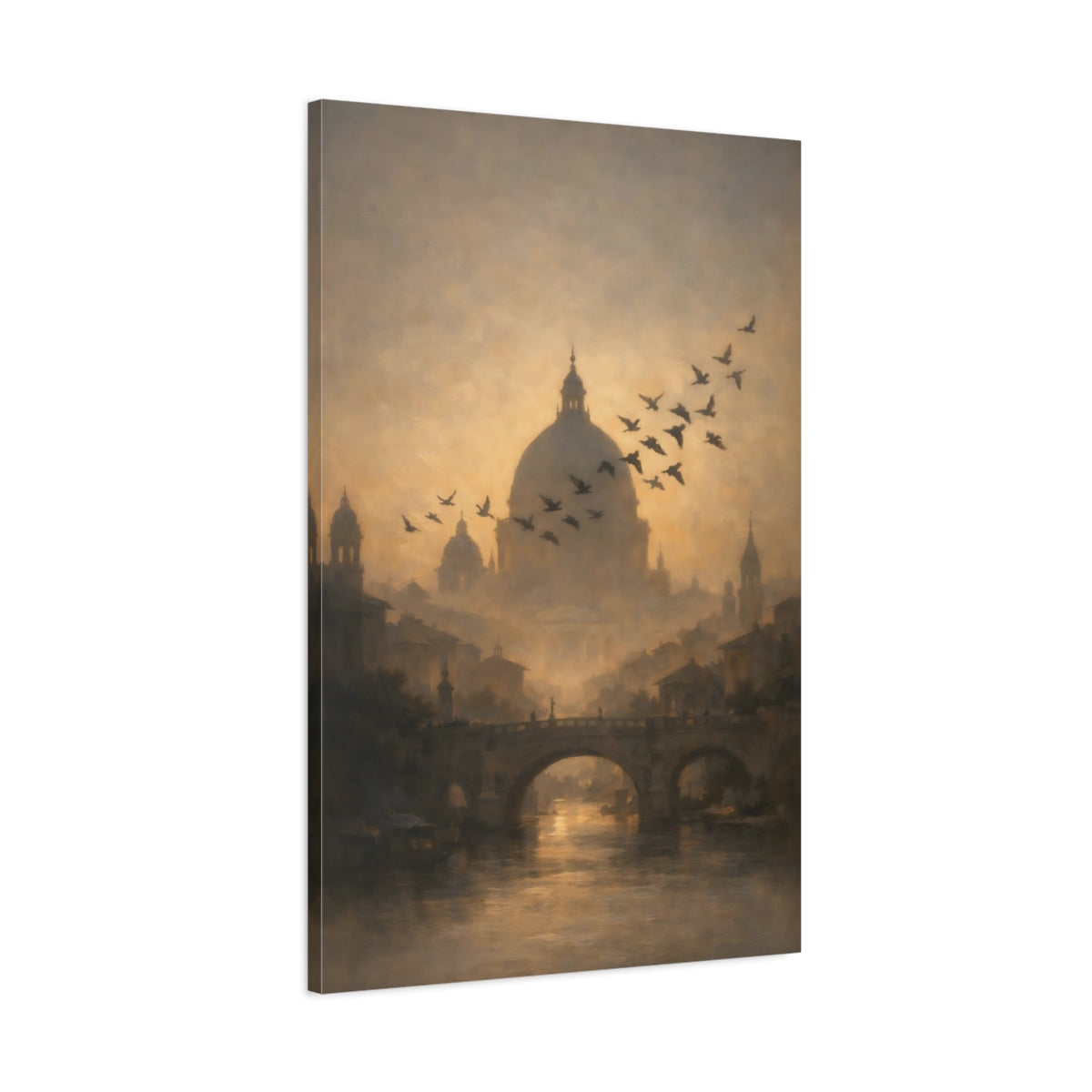 Side Mockup 1. Vintage Cityscape Golden Cityscape shown as stretched canvas wall art