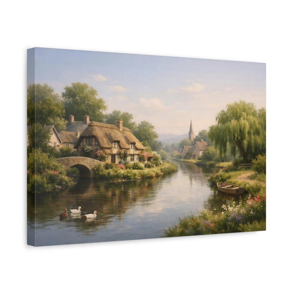 Side Mockup 4. Nature Village Canal shown as stretched canvas wall art