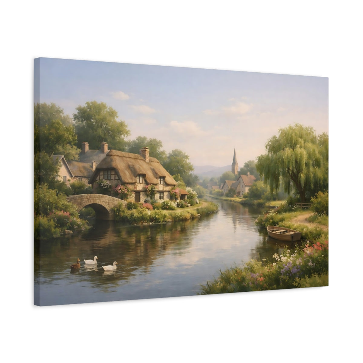 Side Mockup 2. Nature Village Canal shown as stretched canvas wall art