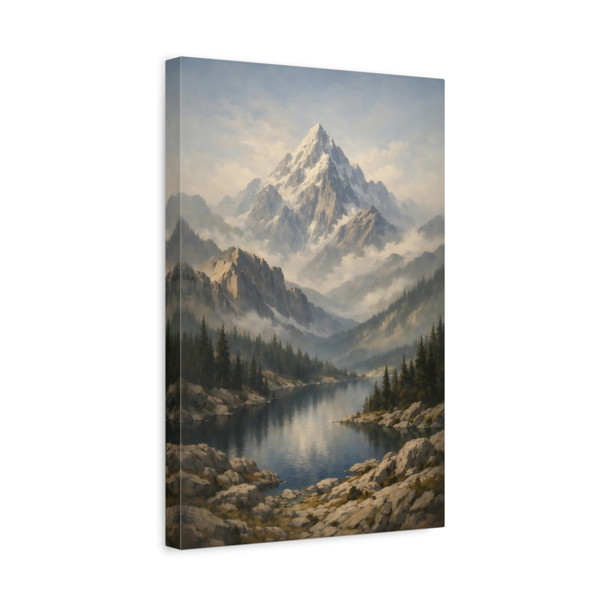 Side Mockup 4. Nature Snowy Mountain Mountain Lake Landscape shown as stretched canvas wall art