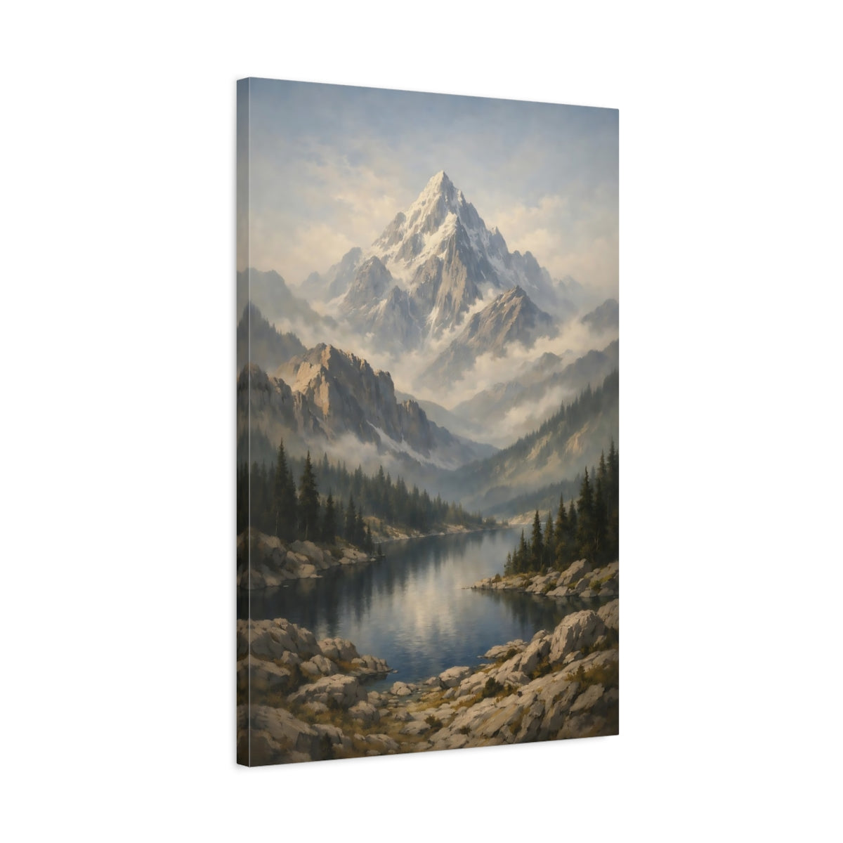 Side Mockup 2. Nature Snowy Mountain Mountain Lake Landscape shown as stretched canvas wall art