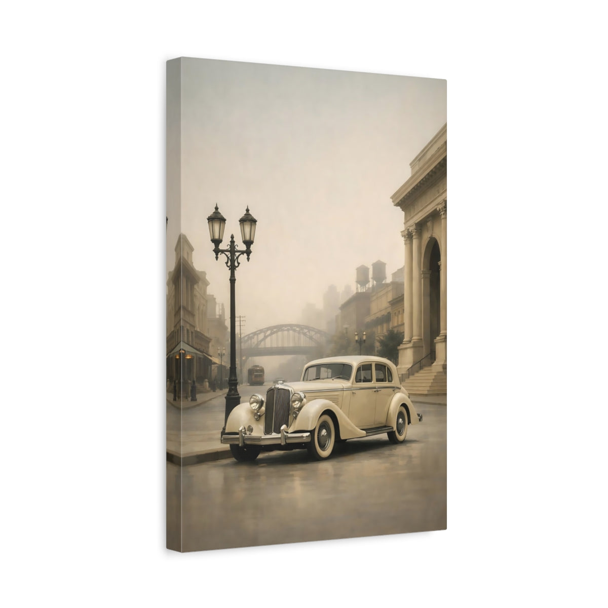 Side Mockup 4. Vintage Vintage Car Cream And Grey Vintage shown as stretched canvas wall art