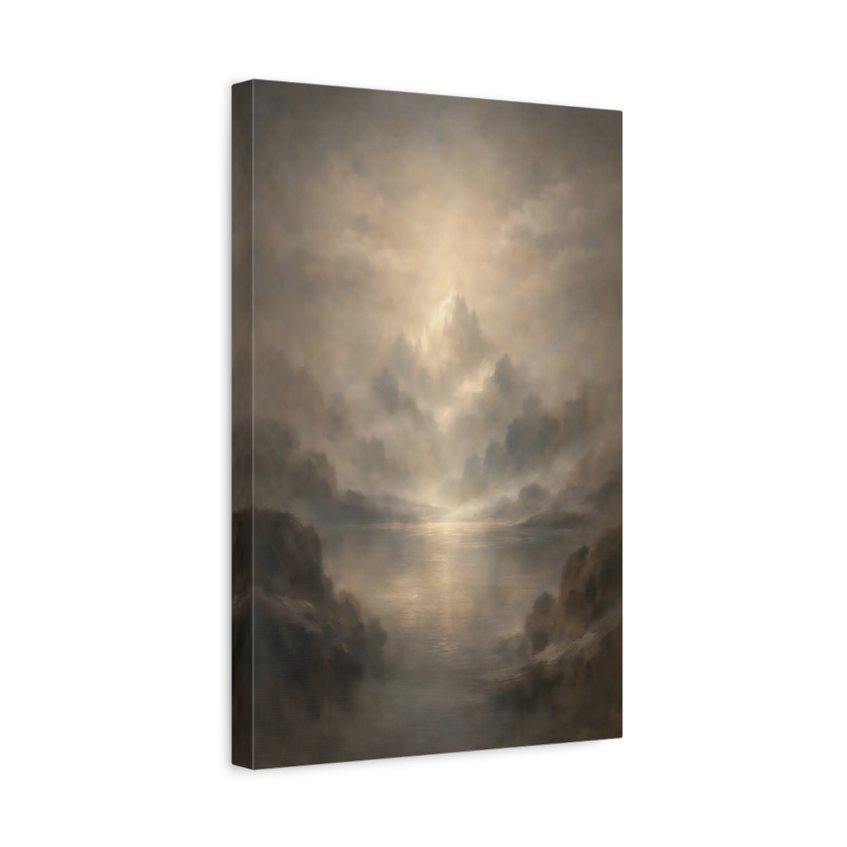 Side Mockup 4. Nature Misty Mountains Golden Grey Landscape shown as stretched canvas wall art