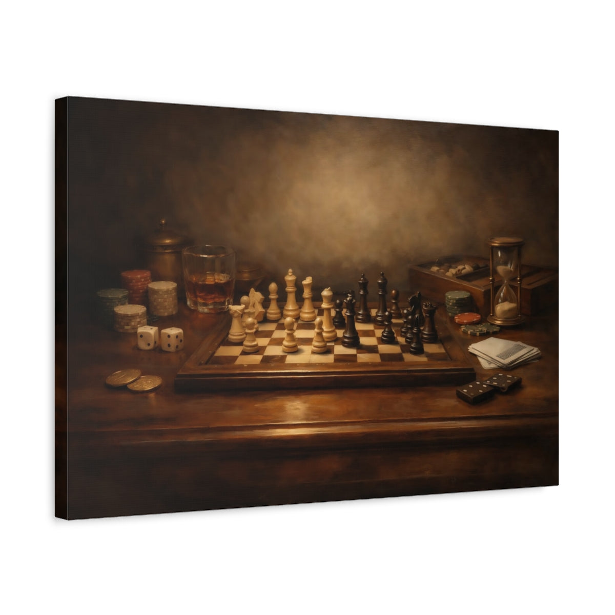 Side Mockup 3. Modern Dark Table Game Spotlight Scene shown as stretched canvas wall art