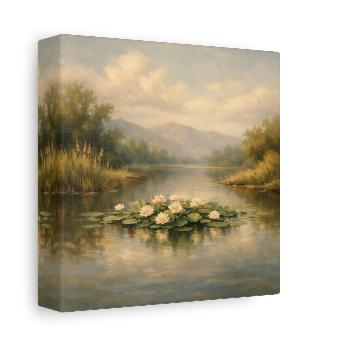 Side Mockup 1. Nature Water Lilies Pastel Lakeside shown as stretched canvas wall art