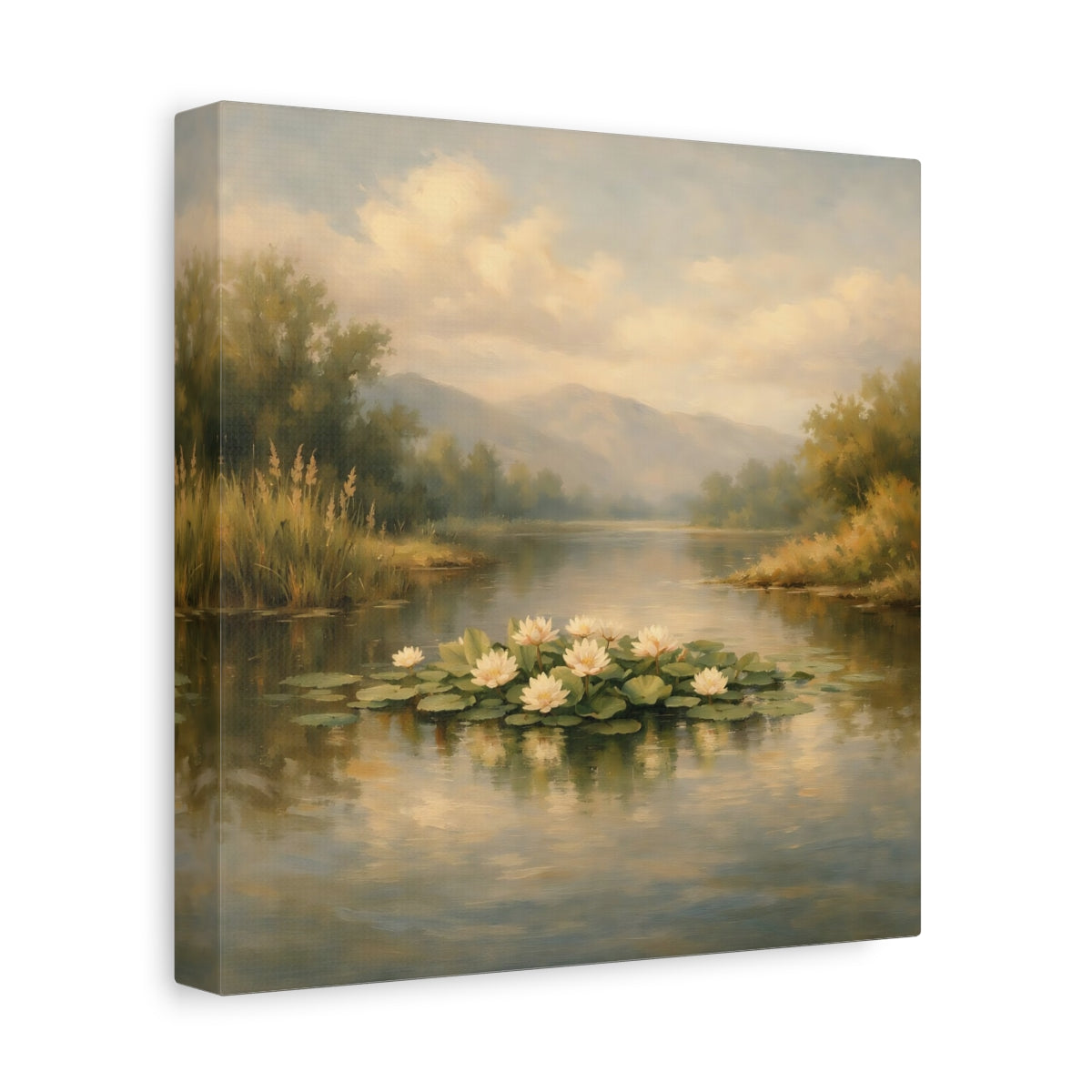 Side Mockup 9. Nature Water Lilies Pastel Lakeside shown as stretched canvas wall art