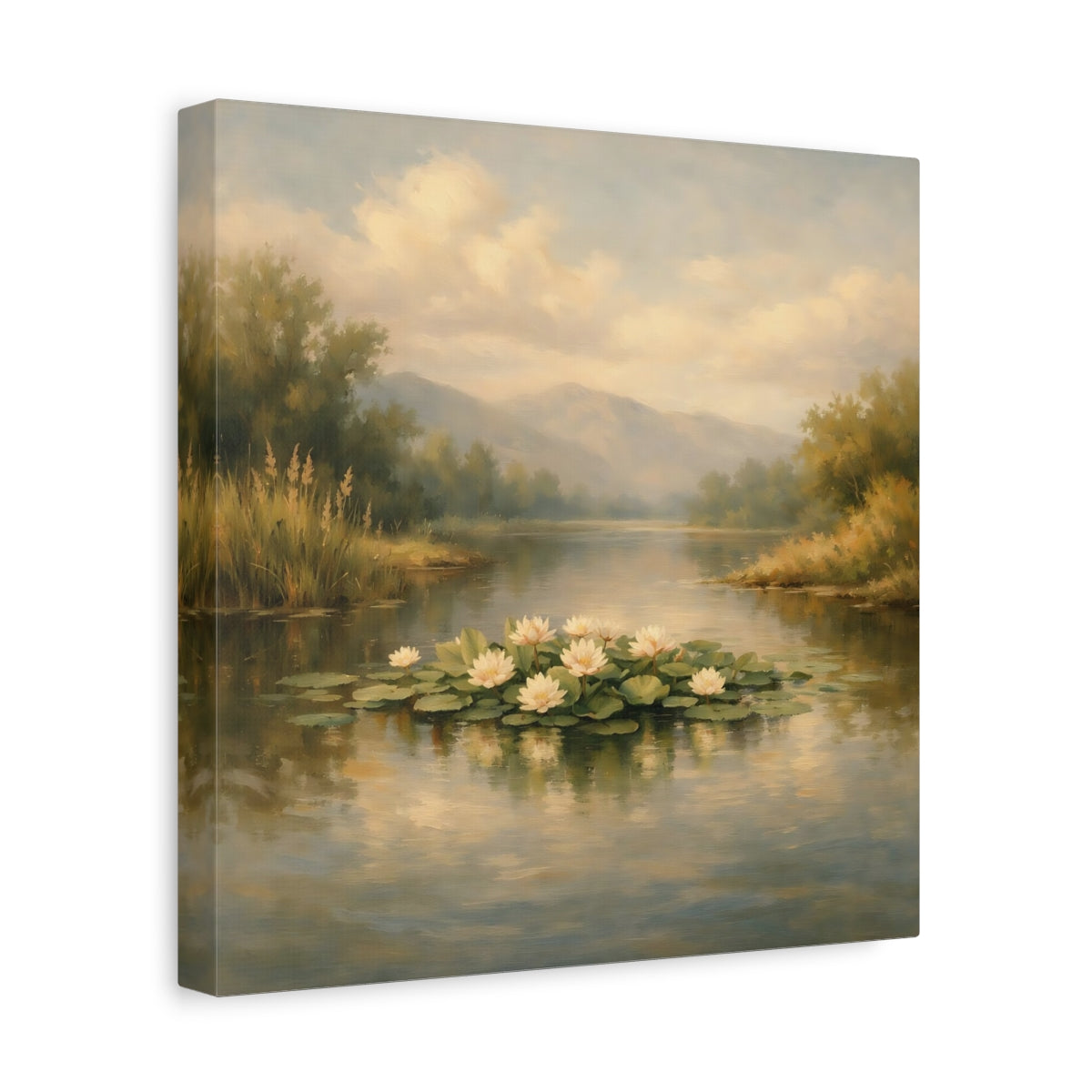 Side Mockup 8. Nature Water Lilies Pastel Lakeside shown as stretched canvas wall art
