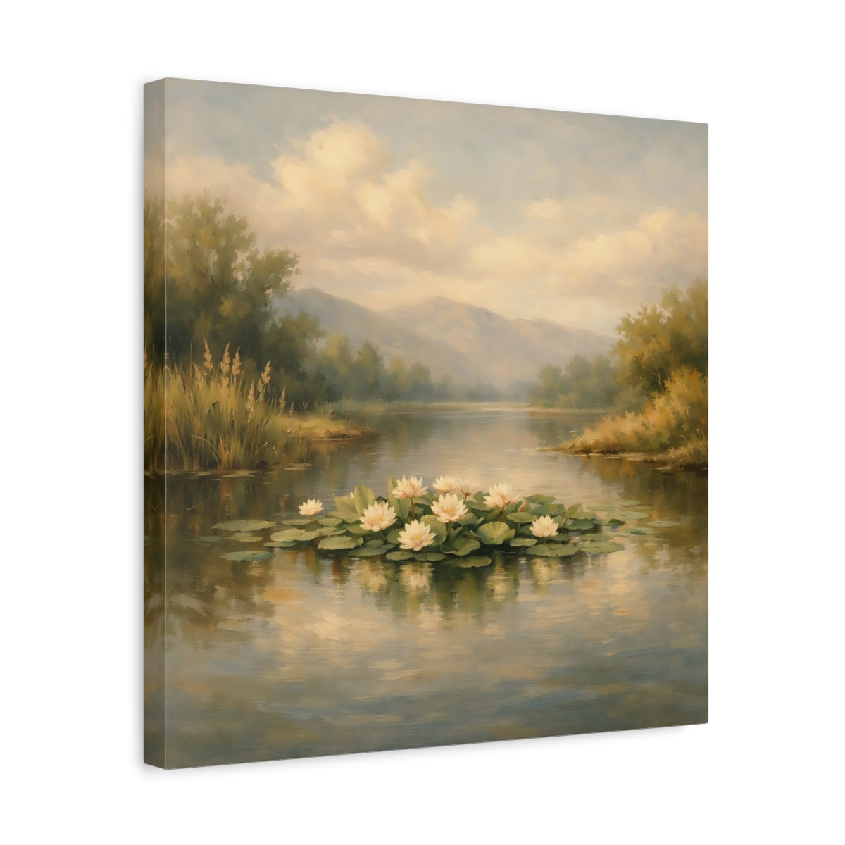 Side Mockup 6. Nature Water Lilies Pastel Lakeside shown as stretched canvas wall art
