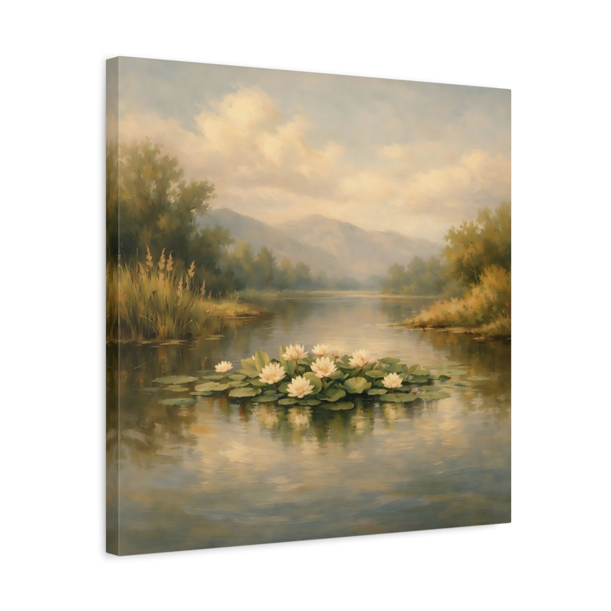 Side Mockup 5. Nature Water Lilies Pastel Lakeside shown as stretched canvas wall art