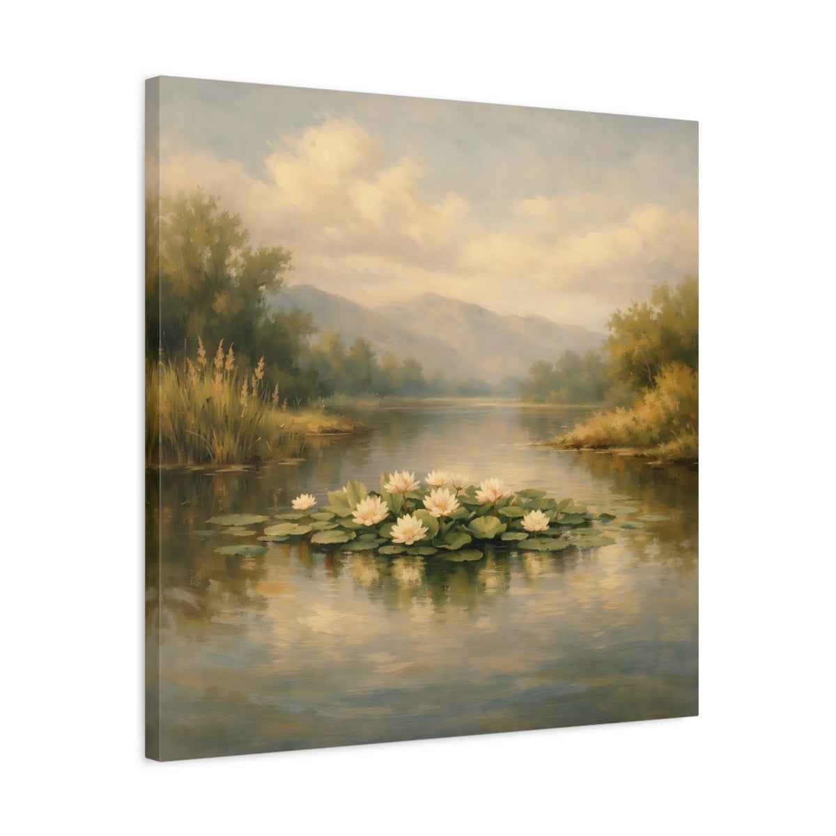 Side Mockup 4. Nature Water Lilies Pastel Lakeside shown as stretched canvas wall art