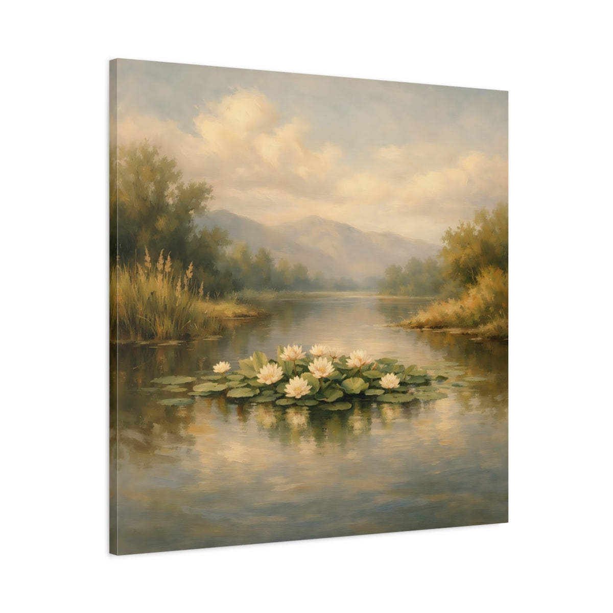 Side Mockup 2. Nature Water Lilies Pastel Lakeside shown as stretched canvas wall art